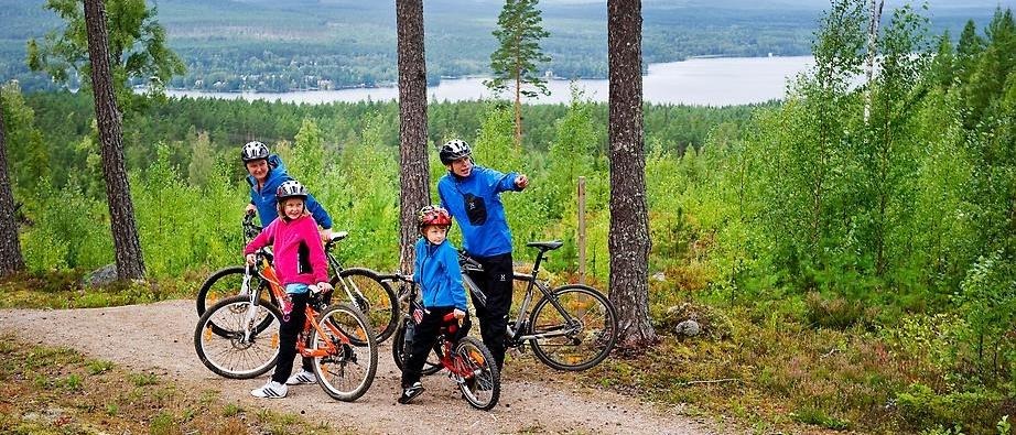 Två vuxna och två barn på cykeltur i Lugnets naturreservat på en höjd med Varpan i fjärran.