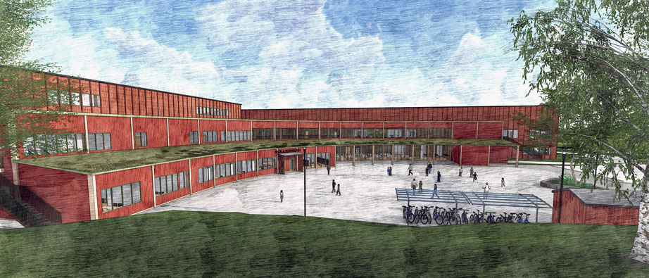 Illustration över hur den nya skolan kan komma att se ut. Den blir röd i två plan,