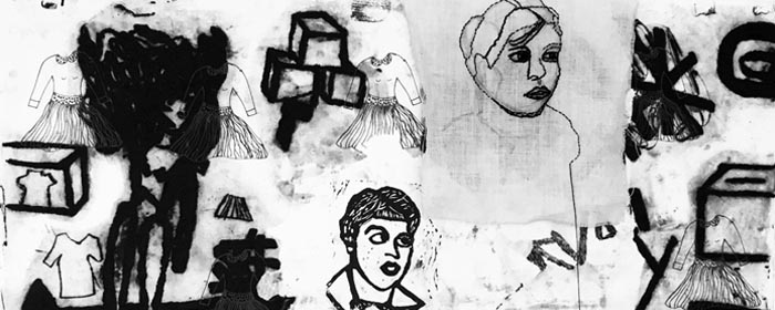 Kollage i gråskala av olika bilder ur Annalena Törnströms konst (från affischbilden). Man kan se två ansikten, former av lådor och andra mer abstrakta former.