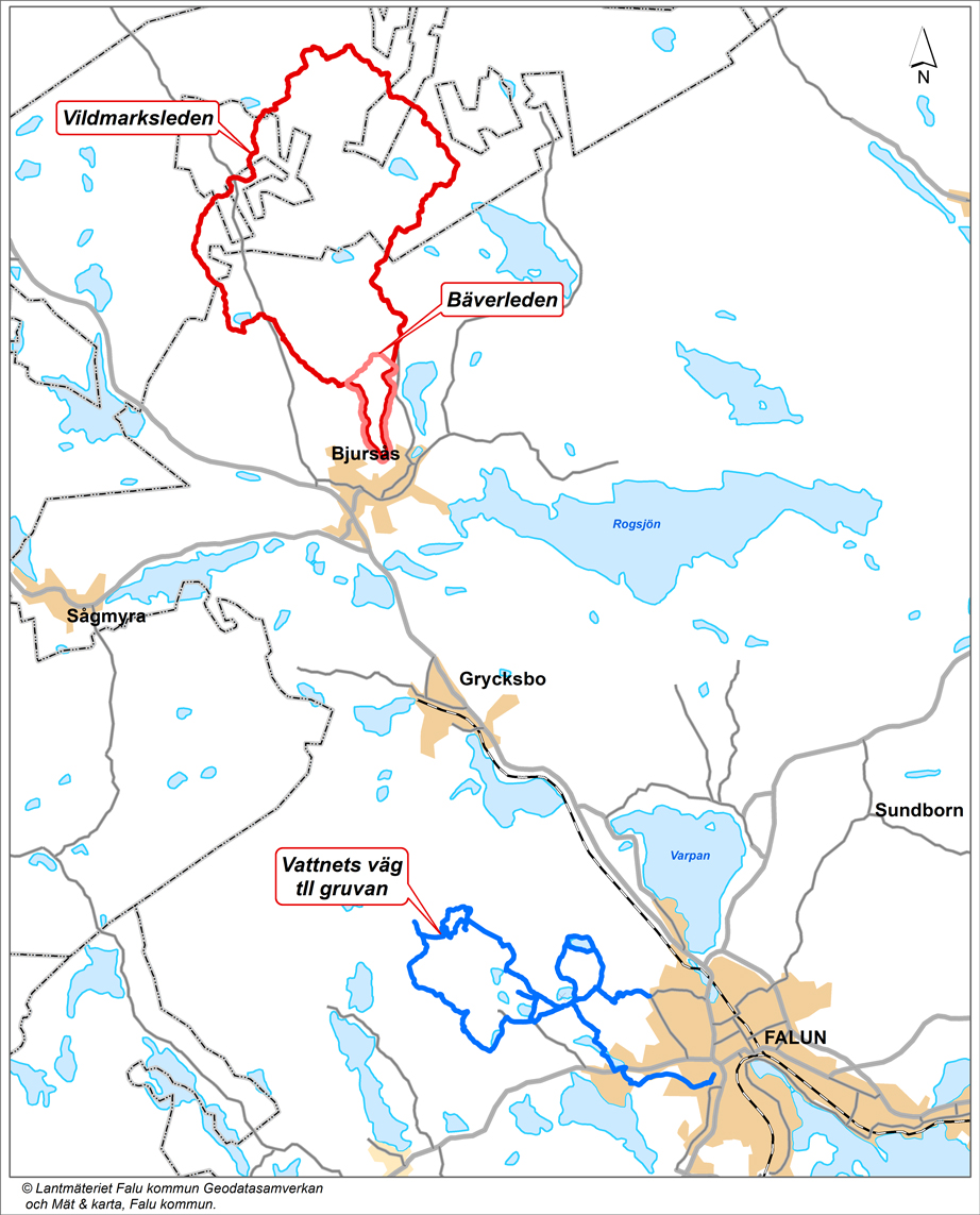 Karta som visar vandringsleder som Falu kommun förvaltar