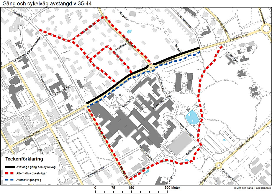 Karta som visar avstängd gång- och cykelbana och alternativa vägar.