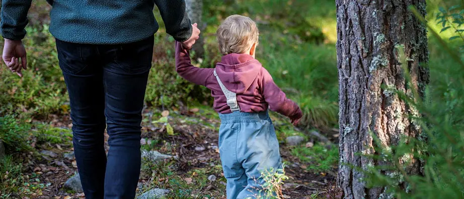 Litet barn håller en vuxen i hand under promenad i skogen