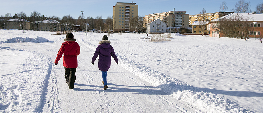 Två personer som promenerar en vinterdag