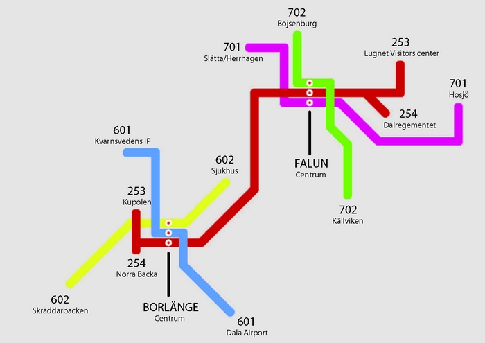 Busslinjer i Falun och Borlänge tätorter visad som SL brukar visar tunnelbanesystemet