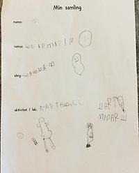 Ett papper där ett barn har ritat och skrivit flera olika saker