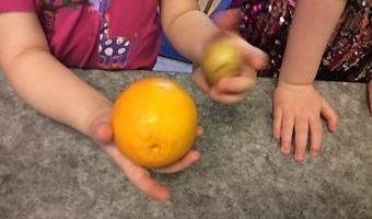 Ett barn som håller i en potatis och en apelsin