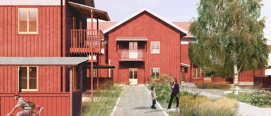 Illustrationsbild över den nya husen i trä och som är röda.