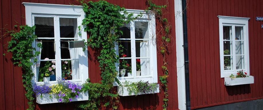 fönster på äldre rödmålat hus