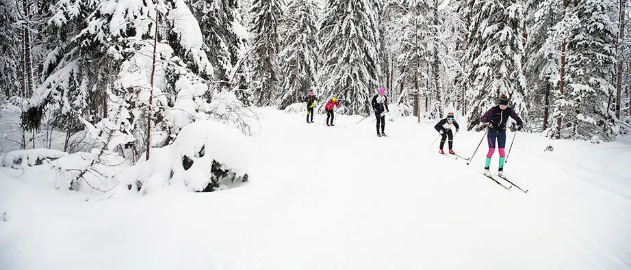 Fem personer som åker skidor, det är mycket snö