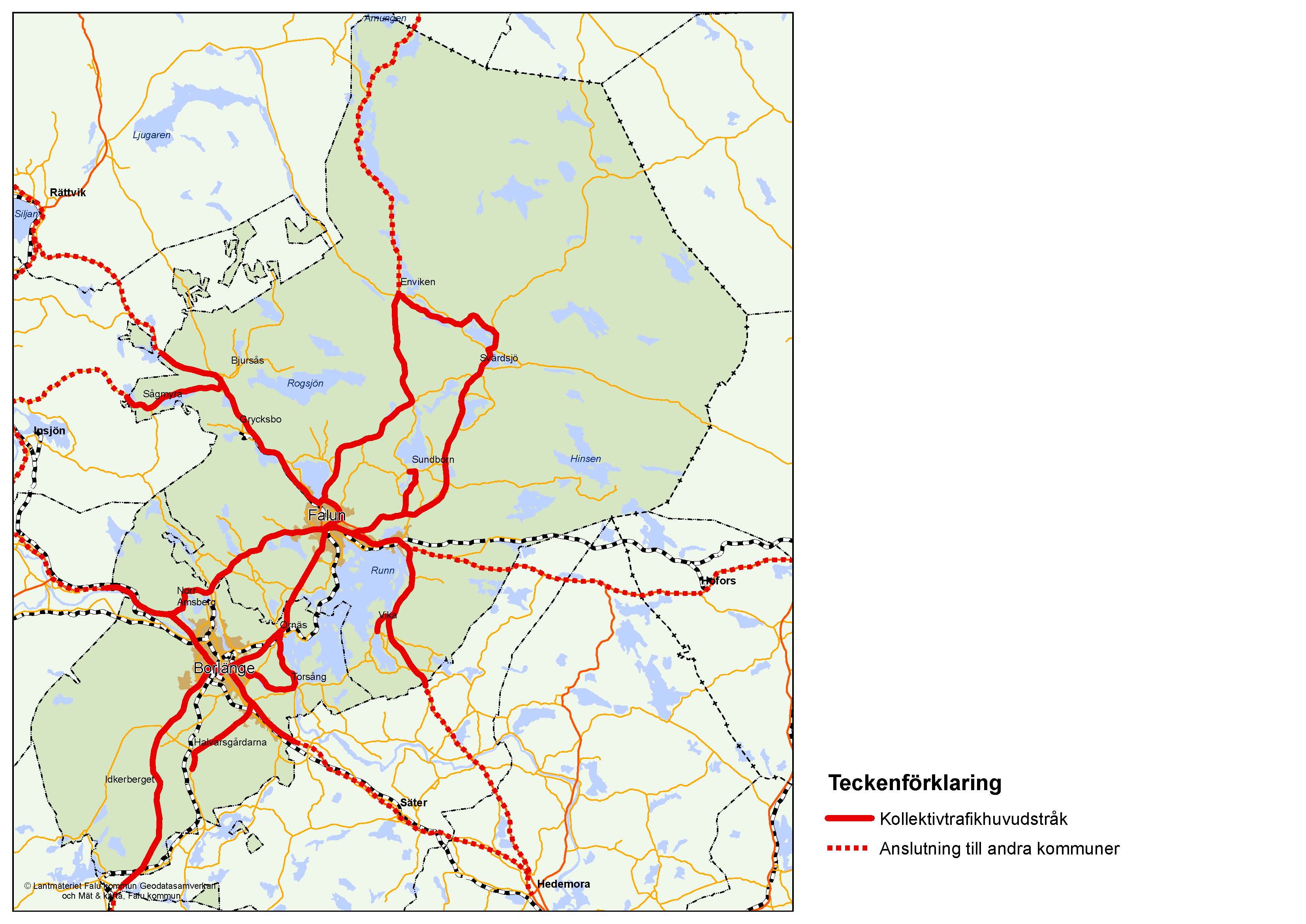 Föreslagna kollektivtrafikhuvudstråk för stadsregionens omland 