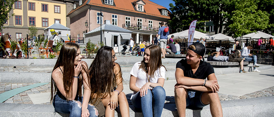 Fyra ungdomar sitter bredvid varandra och pratar vid Geislerska parken i Falun.